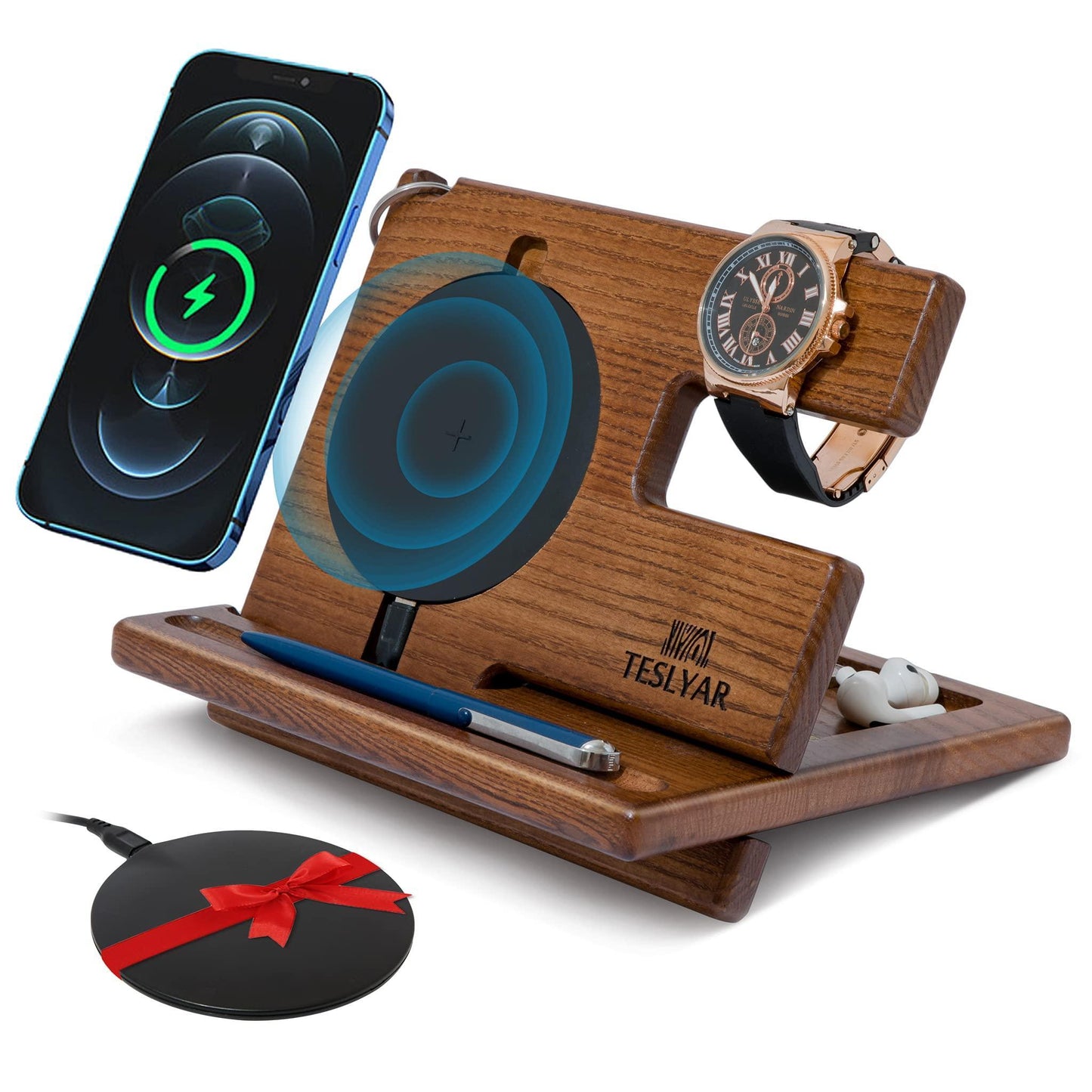 Wood Phone Docking Station Ash Key Holder Wallet Stand Watch Organizer