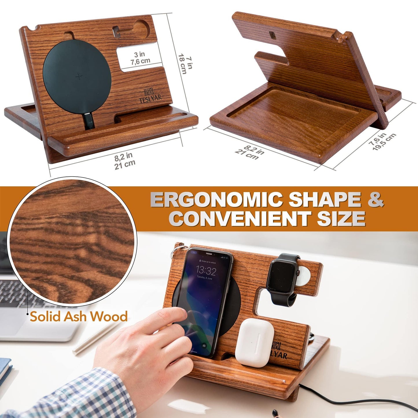 Wood Phone Docking Station Ash Key Holder Wallet Stand Watch Organizer